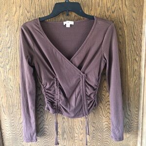 Ultra Flirt Ribbed Brown Wrap Blouse